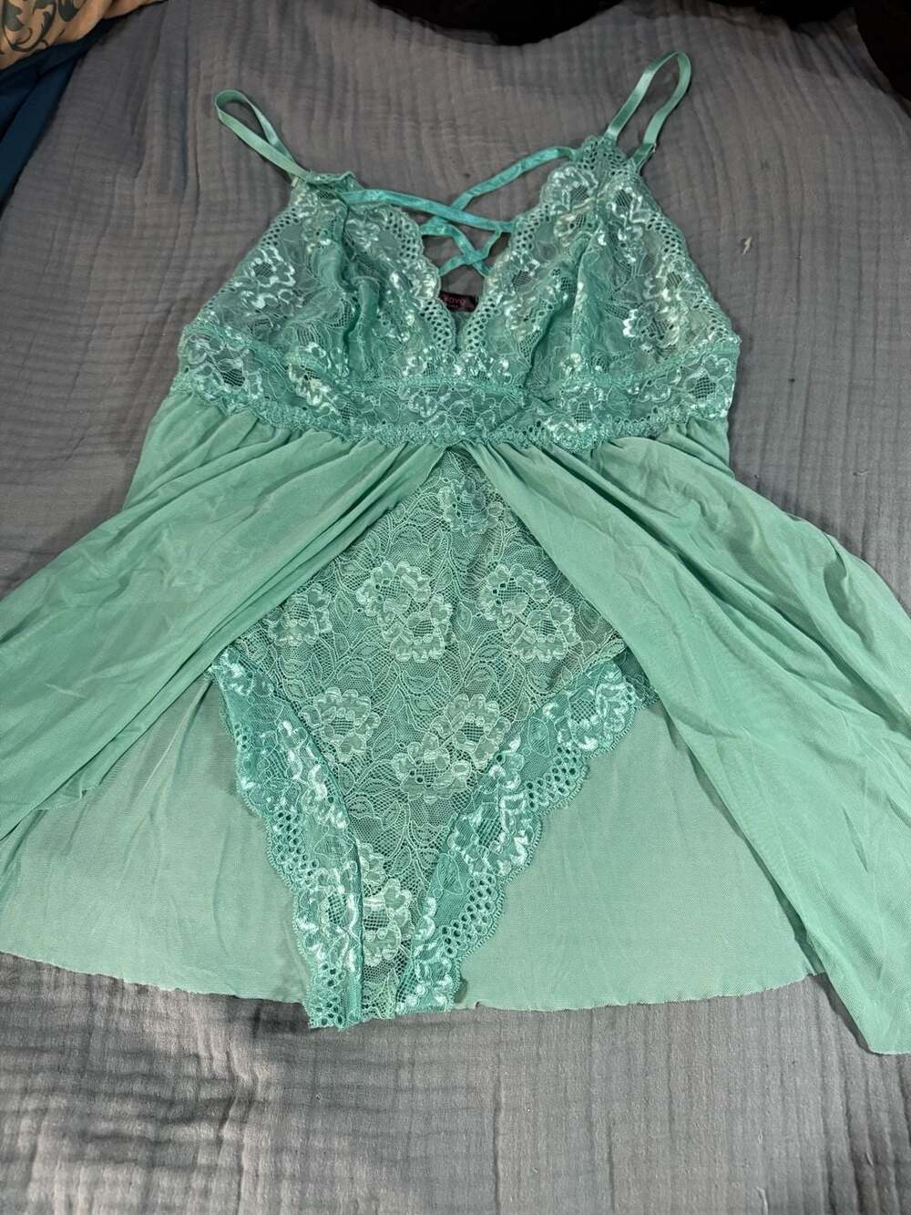 Avidlove Babydoll bodysuit Dress Mint Green Lace Sheer Nightgown 16